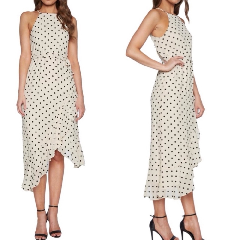Bardot Black and White Polka‎ Dot Ruffle Viviana Spot Asymmetrical Midi Dress